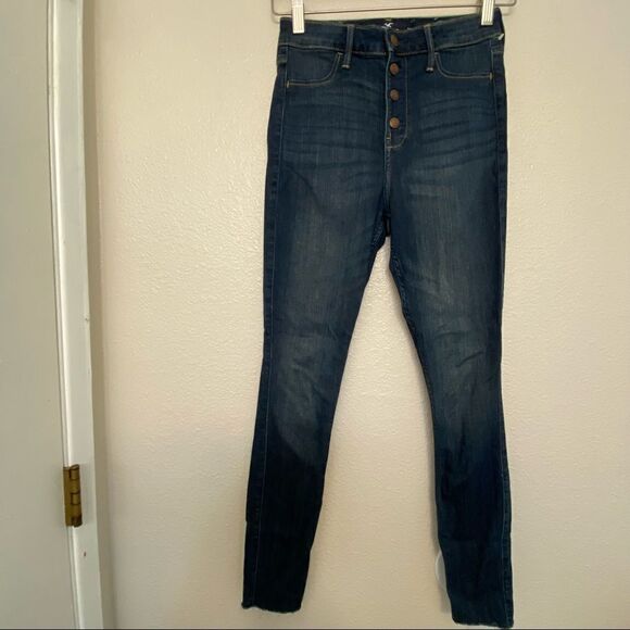 Hollister curvy hi rise skinny jeans dark button fly Frayed raw hem 1L 25w 28 - Picture 2 of 10
